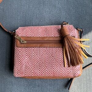 Jen & CO Sabrina Natural Red Crossbody with Leather Trim and Tassel